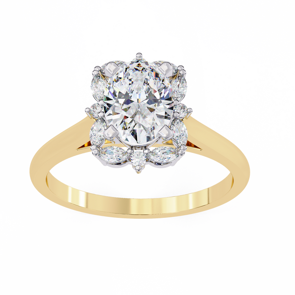 Yellow Gold Oval Cut Diamond Floral Halo Ring