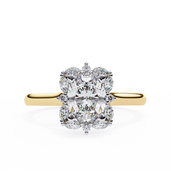 Yellow Gold Oval Cut Diamond Floral Halo Ring