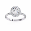 White Gold Oval Cut Diamond Halo Ring with Single-Row Shared-Prong Shoulders