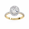 Yellow Gold Oval Cut Diamond Halo Ring with Shared-Prong Accent Band