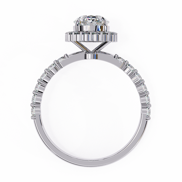 White Gold Oval Cut Diamond Halo Ring with Single-Row Shared-Prong Shoulders