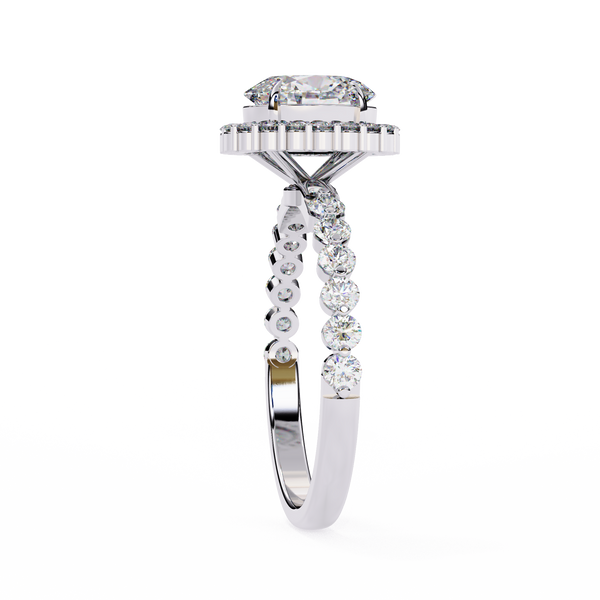 White Gold Oval Cut Diamond Halo Ring with Single-Row Shared-Prong Shoulders