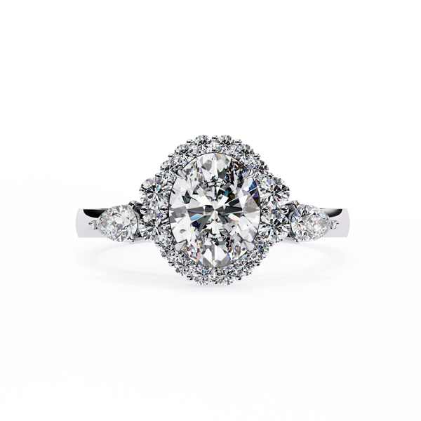 White Gold Oval Cut Diamond Halo Ring with Pear and Round Side Clusters