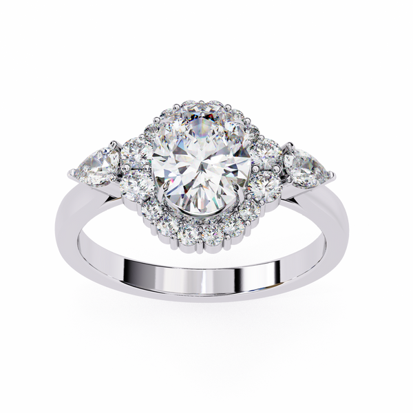 White Gold Oval Cut Diamond Halo Ring with Pear and Round Side Clusters