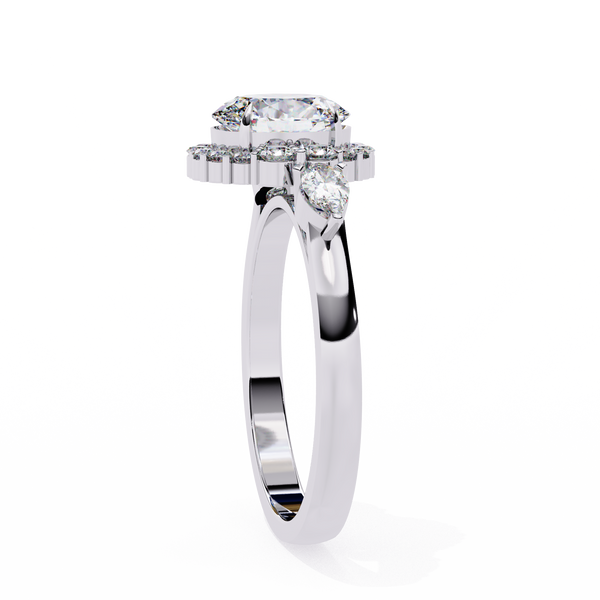 White Gold Oval Cut Diamond Halo Ring with Pear and Round Side Clusters
