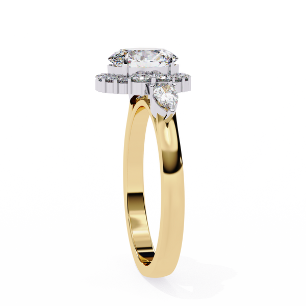 Yellow Gold Oval Cut Diamond Halo Ring with Pear and Round Side Clusters