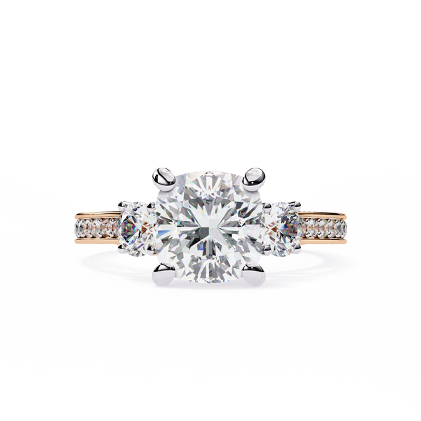 Rose Gold Cushion Cut Three Stone Diamond Ring with Pavé Band