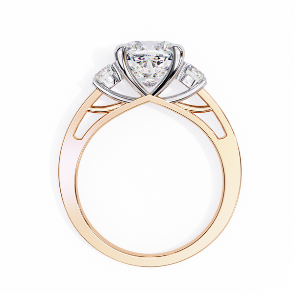 Rose Gold Cushion Cut Three Stone Diamond Ring with Pavé Band