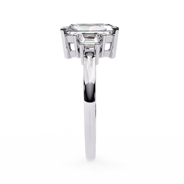 White Gold Three Stone Radiant Cut Diamond Ring with Trapezoid Sides