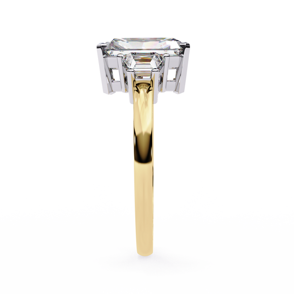 Yellow Gold Three Stone Radiant Cut Diamond Ring with Trapezoid Sides