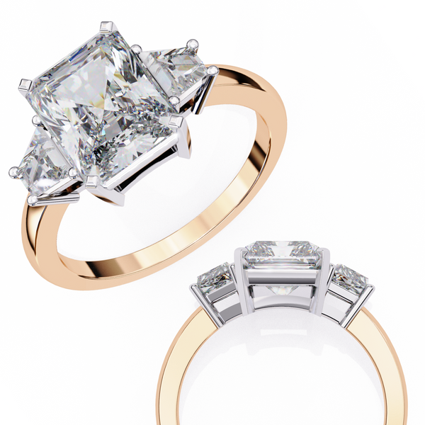 Rose Gold Radiant Cut Diamond Ring with Trillion Side Stones