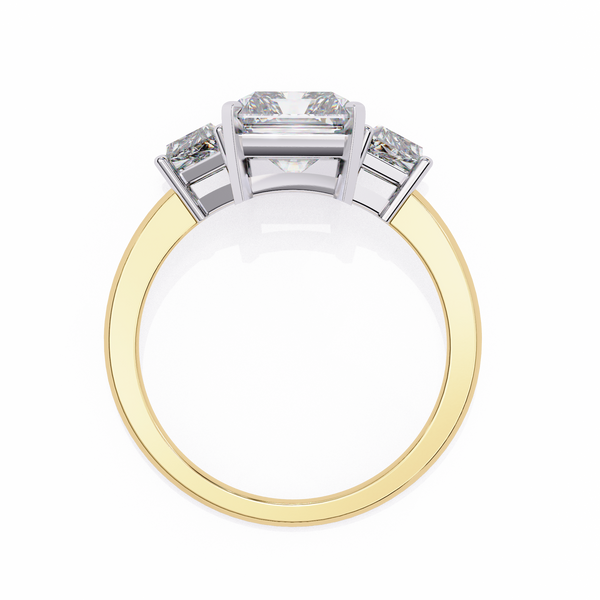 Yellow Gold Three Stone Radiant Cut Diamond Ring with Trapezoid Sides