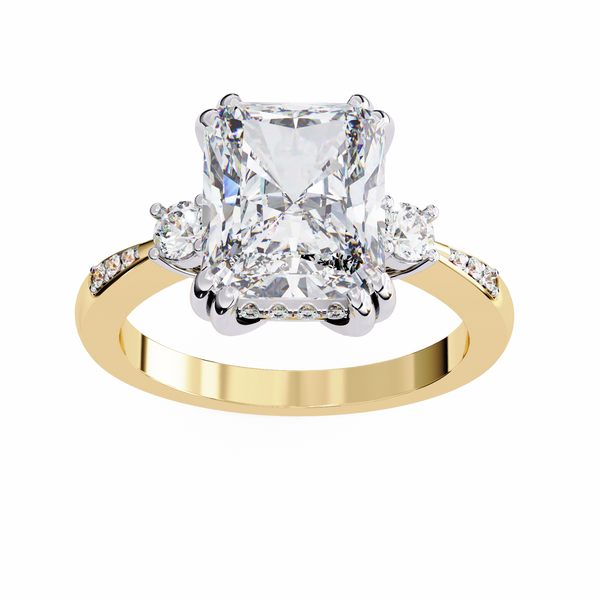 Yellow Gold Three Stone Radiant Cut Diamond Ring with Hidden Halo and Pavé Band