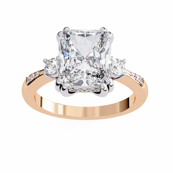 Rose Gold Radiant Cut Diamond Ring with Round Side Stones and Pavé Shoulders