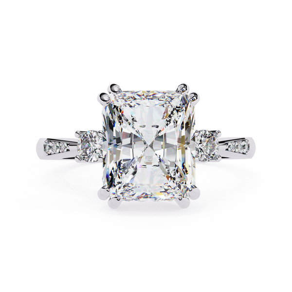 White Gold Three Stone Radiant Cut Diamond Ring with Hidden Halo and Pavé Shoulders