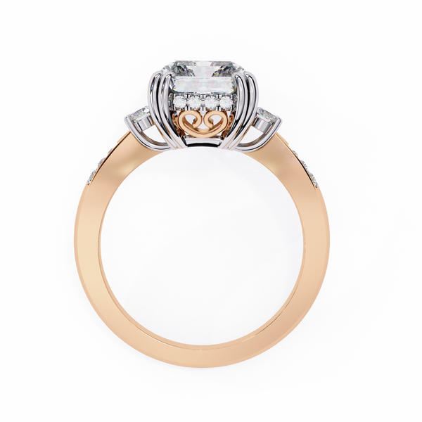 Rose Gold Radiant Cut Diamond Ring with Round Side Stones and Pavé Shoulders