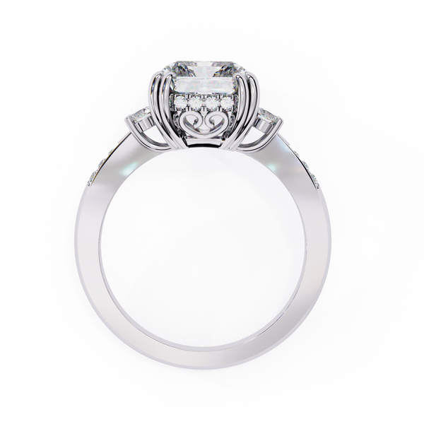 White Gold Three Stone Radiant Cut Diamond Ring with Hidden Halo and Pavé Shoulders