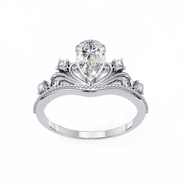 White Gold Pear Cut Diamond Vintage Crown Ring with Filigree Scrollwork