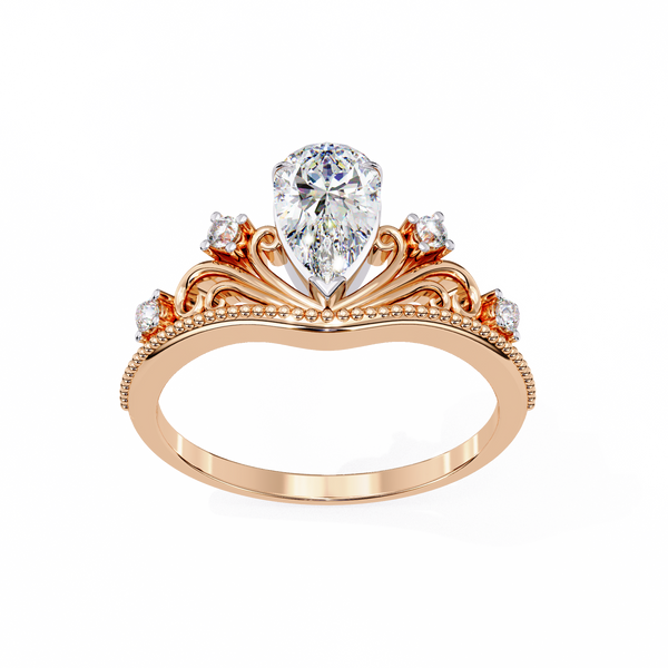 Rose Gold Pear Cut Diamond Crown Ring with Scrollwork and Beaded Band
