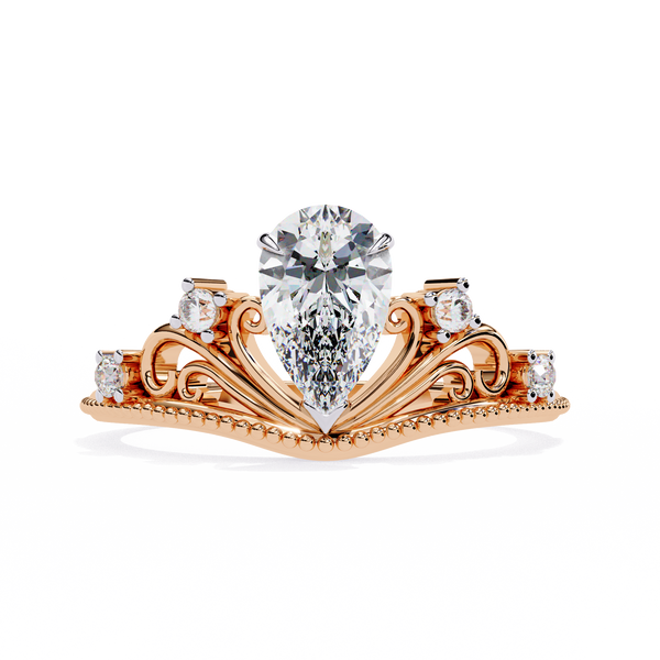 Rose Gold Pear Cut Diamond Crown Ring with Scrollwork and Beaded Band