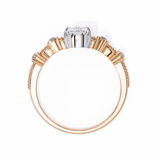 Rose Gold Pear Cut Diamond Crown Ring with Scrollwork and Beaded Band