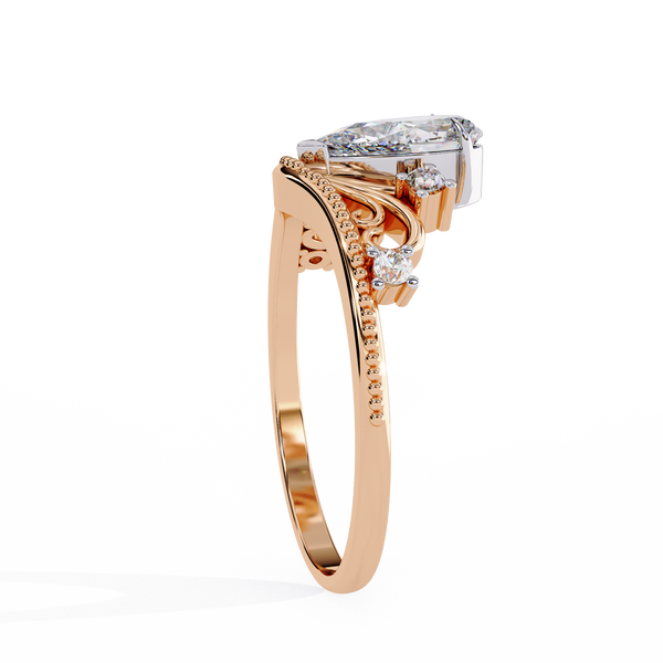 Rose Gold Pear Cut Diamond Crown Ring with Scrollwork and Beaded Band
