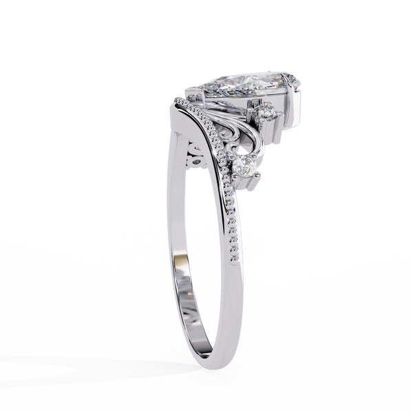 White Gold Pear Cut Diamond Vintage Crown Ring with Filigree Scrollwork
