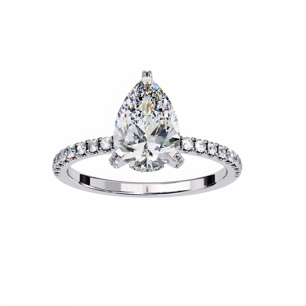 White Gold Pear Cut Diamond Ring with Hidden Halo and Pavé Shoulders
