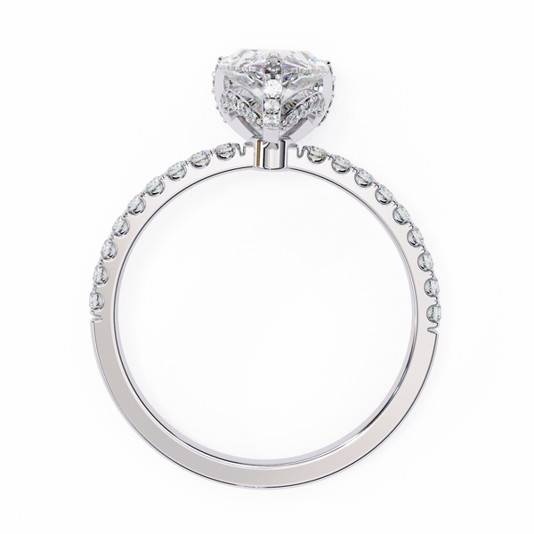 White Gold Pear Cut Diamond Ring with Hidden Halo and Pavé Shoulders