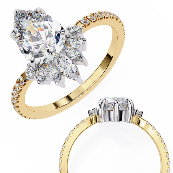 Yellow Gold Pear Cut Diamond Ring with Marquise Half-Crown and Pavé Band