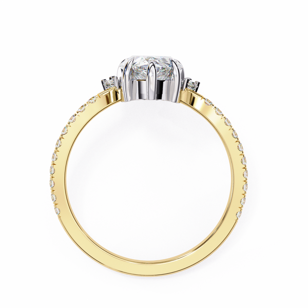 Yellow Gold Pear Cut Diamond Ring with Marquise Half-Crown and Pavé Band