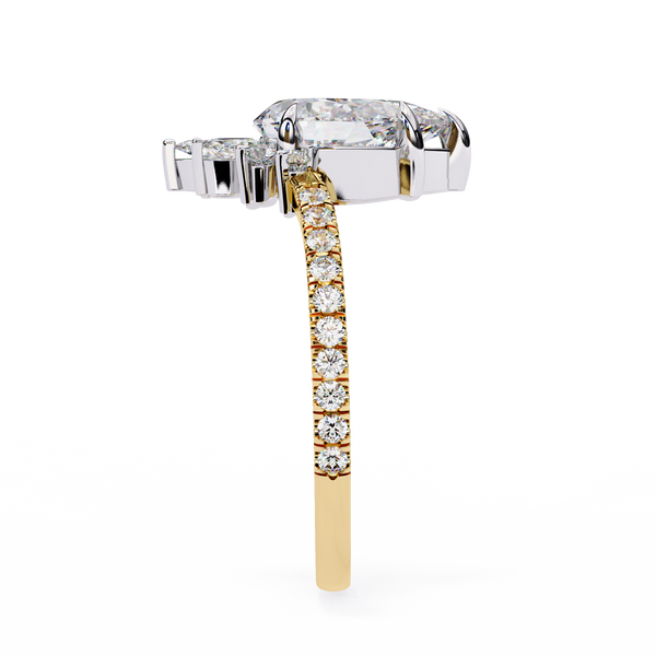 Yellow Gold Pear Cut Diamond Ring with Marquise Half-Crown and Pavé Band