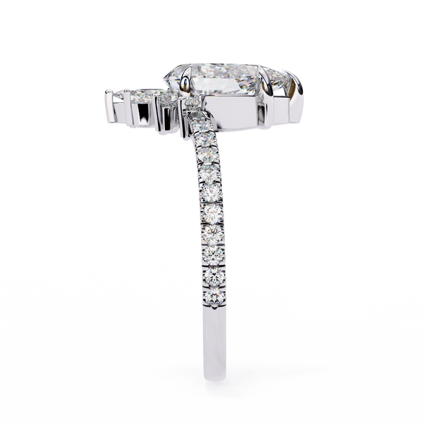 White Gold Pear Cut Diamond Ring with Marquise Half-Crown and Pavé Shoulders