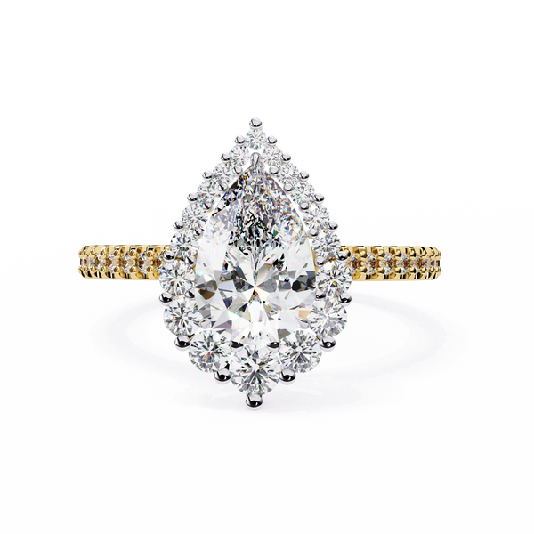 Yellow Gold Pear Cut Diamond Halo Ring with Pavé Band