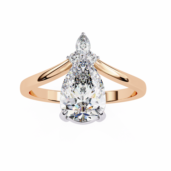 Rose Gold Pear Cut Diamond Ring with Chevron Band and Accent Cluster