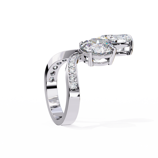 White Gold Pear and Round Cut Diamond Toi et Moi Ring with Pavé Band