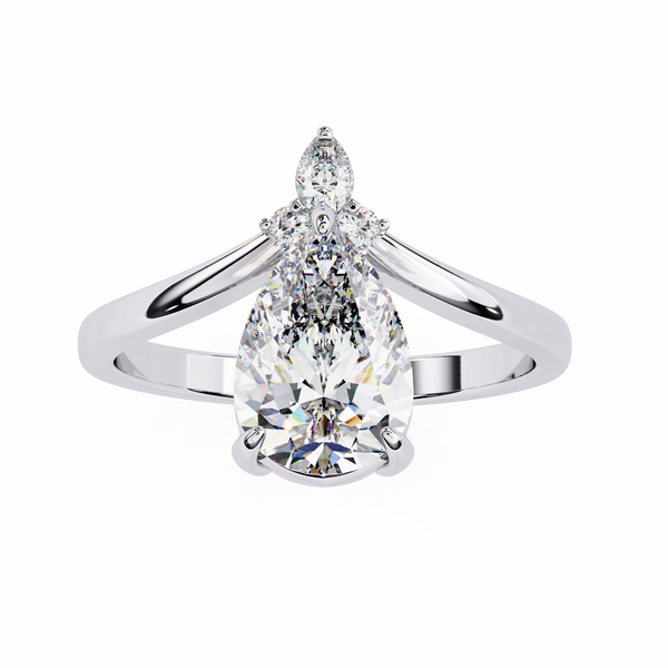 White Gold Pear Cut Diamond Ring with Marquise and Round Crown Accent