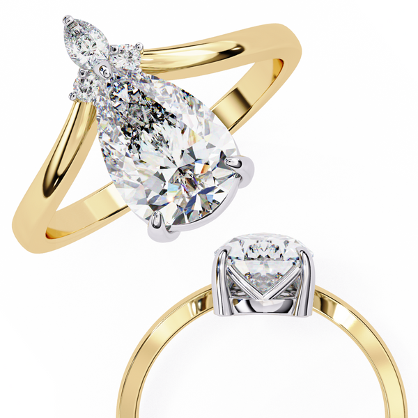 Yellow Gold Pear Cut Diamond Ring with Marquise and Round Crown Accent