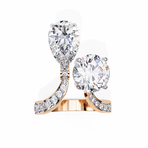 Rose Gold Pear and Round Cut Diamond Toi et Moi Ring with Pavé Band