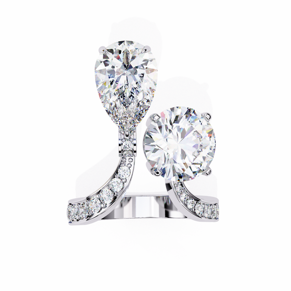 White Gold Pear and Round Cut Diamond Toi et Moi Ring with Pavé Band