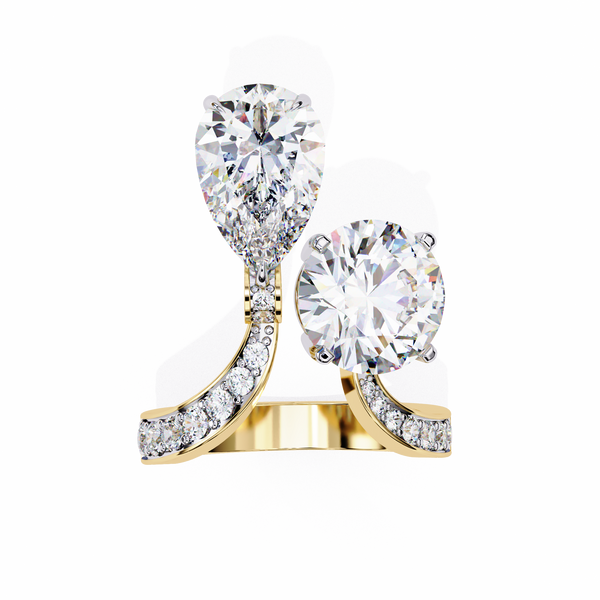 Yellow Gold Pear and Round Cut Diamond Toi et Moi Ring with Pavé Band
