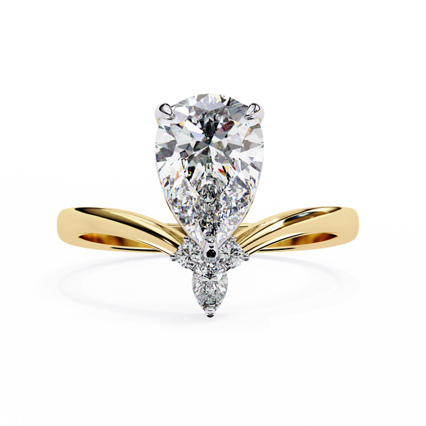 Yellow Gold Pear Cut Diamond Ring with Marquise and Round Crown Accent