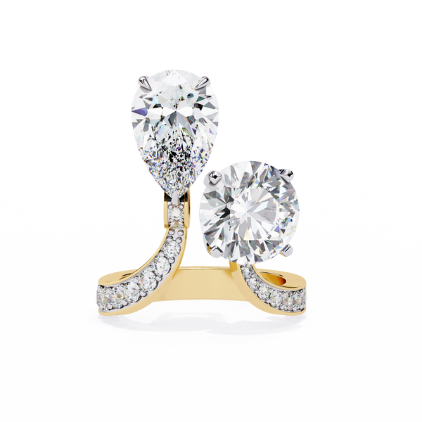 Yellow Gold Pear and Round Cut Diamond Toi et Moi Ring with Pavé Band