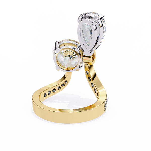 Yellow Gold Pear and Round Cut Diamond Toi et Moi Ring with Pavé Band