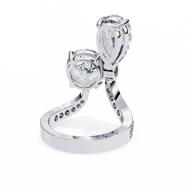White Gold Pear and Round Cut Diamond Toi et Moi Ring with Pavé Band