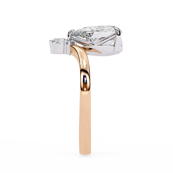 Rose Gold Pear Cut Diamond Ring with Chevron Band and Accent Cluster