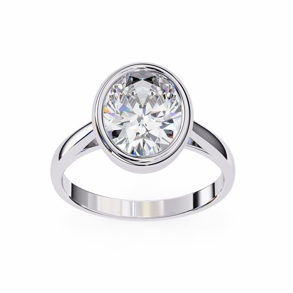 White Gold Oval Cut Diamond Solitaire Ring with Full Bezel Setting and Plain Tapered Band