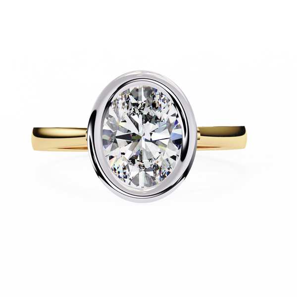 Yellow Gold Oval Cut Diamond Solitaire Ring with Two-Tone Bezel Setting