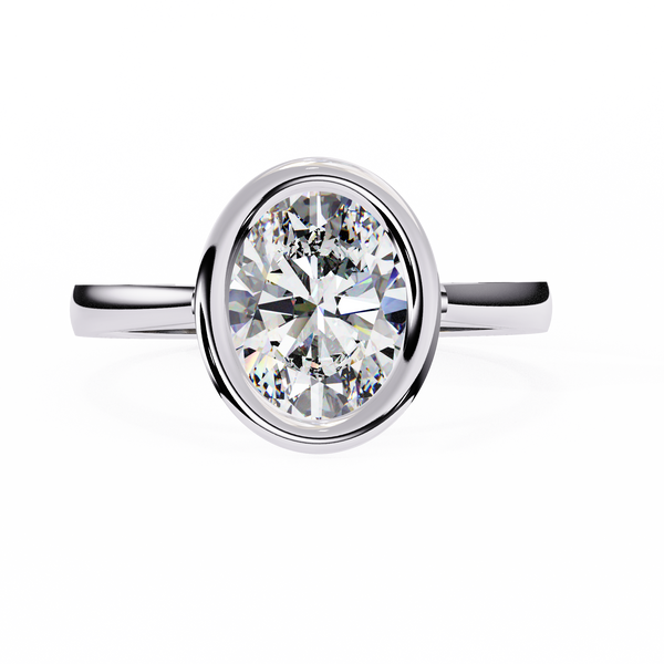 White Gold Oval Cut Diamond Solitaire Ring with Full Bezel Setting and Plain Tapered Band