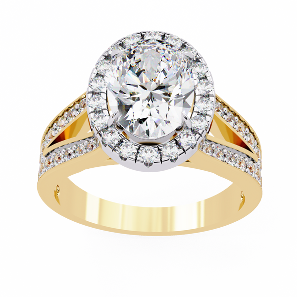 Yellow Gold Oval Cut Diamond Halo Ring with Split Pavé Shoulders